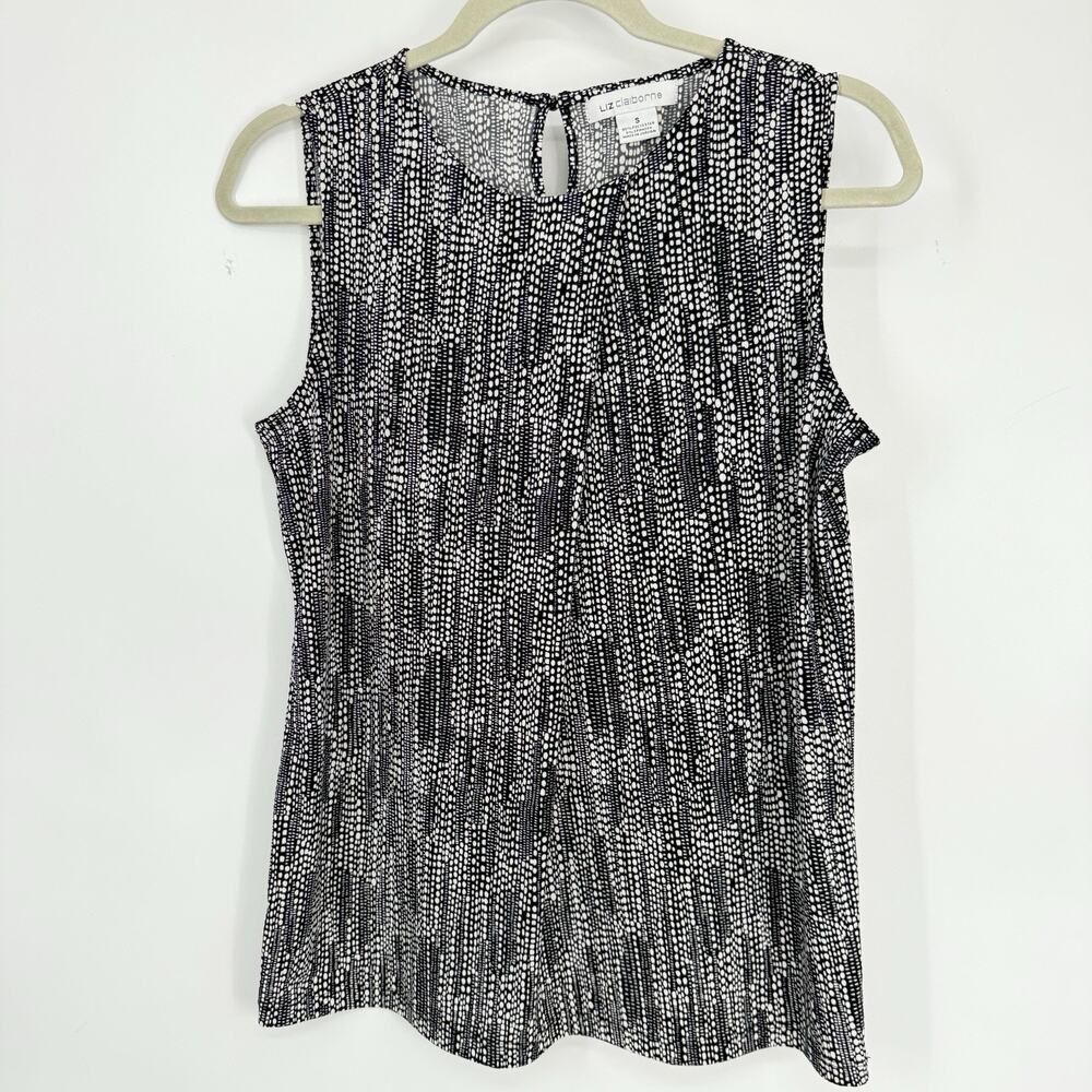 Liz Claiborne Sleeveless Top Small Black White Geo Print Stretch Knit - Picture 7 of 11